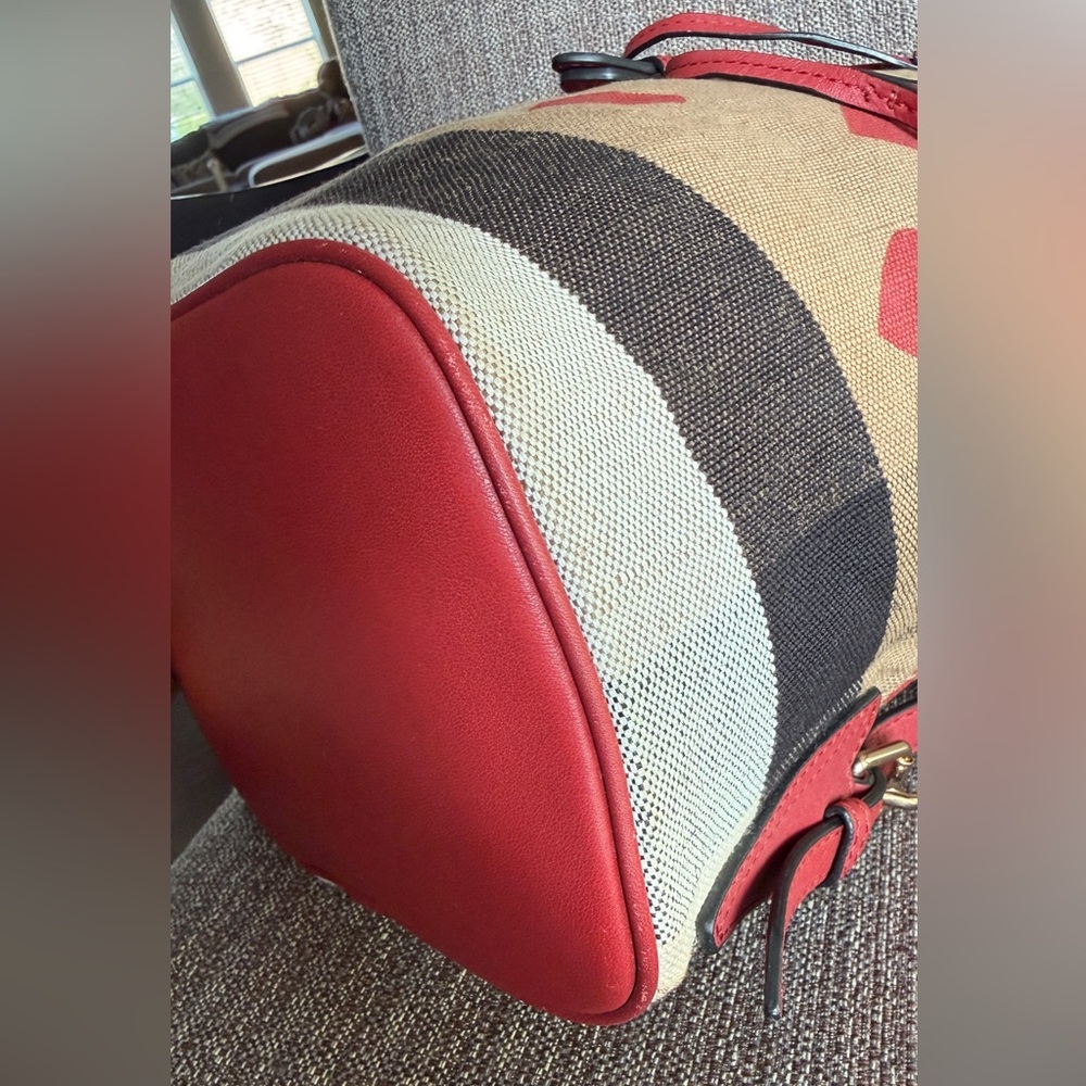 Burberry Beige Canvas Backpack with Red Heart Print and Red Leather Trim - Picture 9 of 16